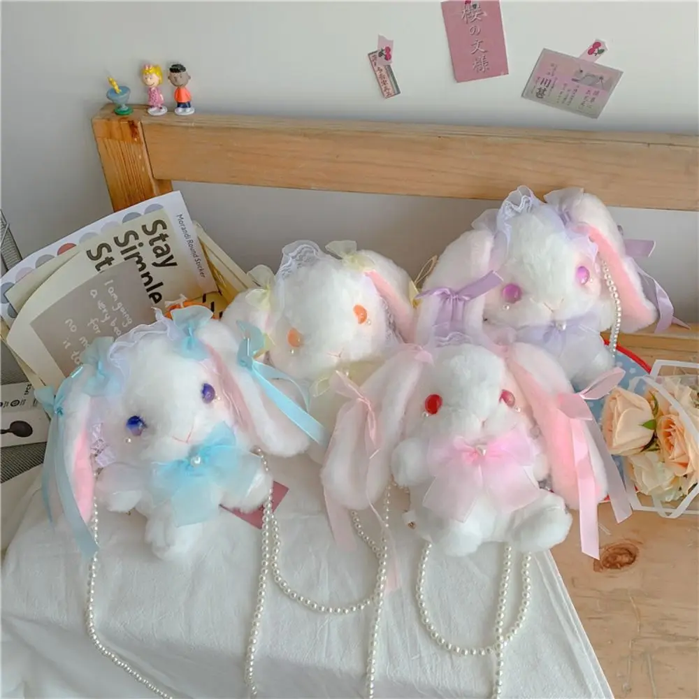 New Cute Bunny Plush Bag Lolita Shoulder Bag Kawaii Princess Sweet Pearl Chain Crossbody Bags Long-eared Rabbit Purse