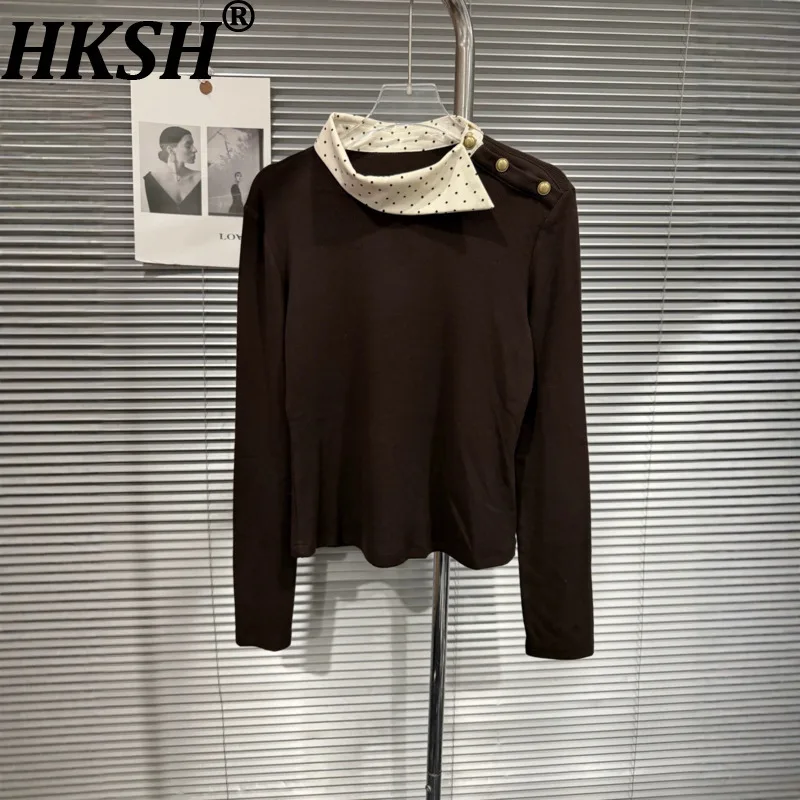 HKSH Women Long Sleeve T-shirt Design Irregular Collar Color-Block Polka Dot Patchwork Versatile Dark Casual Stylish Top HK27137