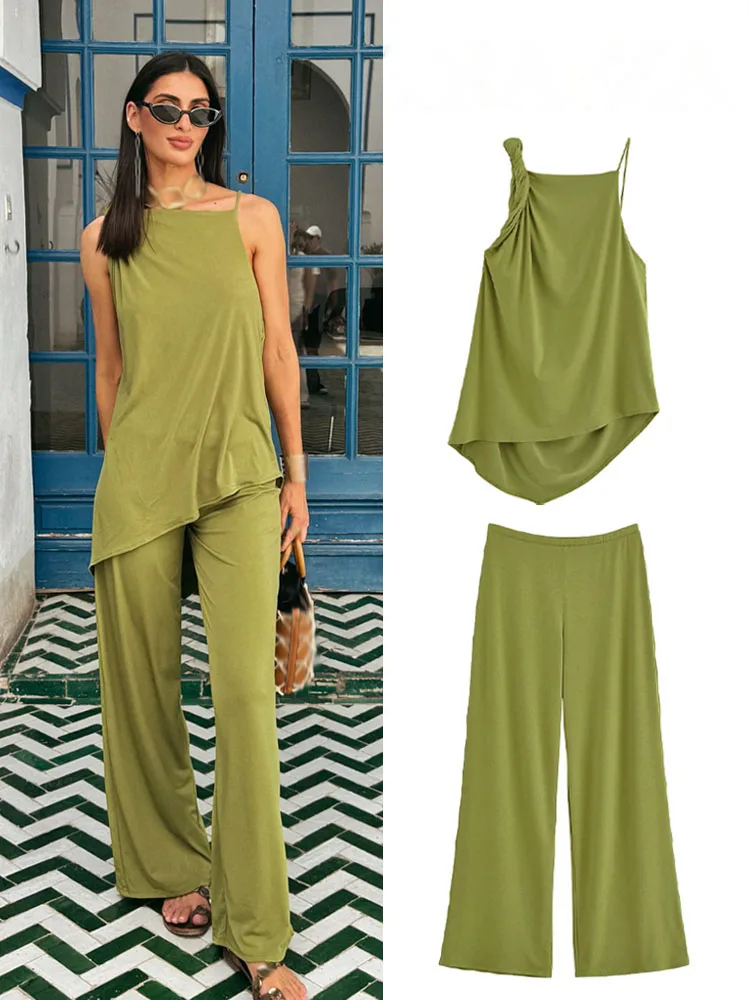 

HH Women Chic Solid Pants Suit Backless With Pleated Asymmetric Decoration Sling Top+Elastic Waist-drooping Wide-leg Pants