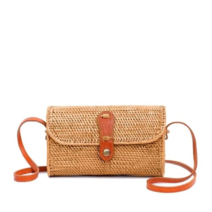 vum Crafts Round Rattan Bag for Women - Handmade Ata Wicker Woven Purse - Circle Square Oval Brown Straw Boho Bags Handmade Ata