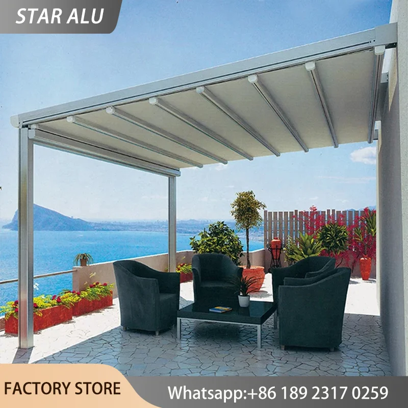 Electric Folding Canopy Retractable Awning PVC Waterproof Patio Roof Cover Aluminum Pergola Outdoor Sunshade Remote Controlled