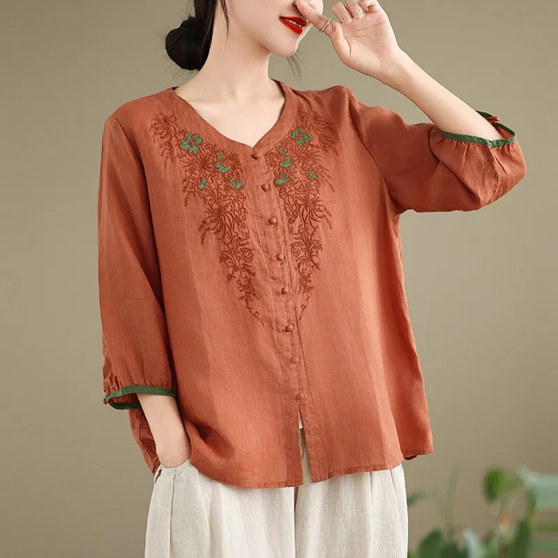 Women Summer Casual Shirt New Arrival 2024 Chinese Style Vintage V-neck Floral Embroidery Loose Female Cotton Tops Shirts W1822