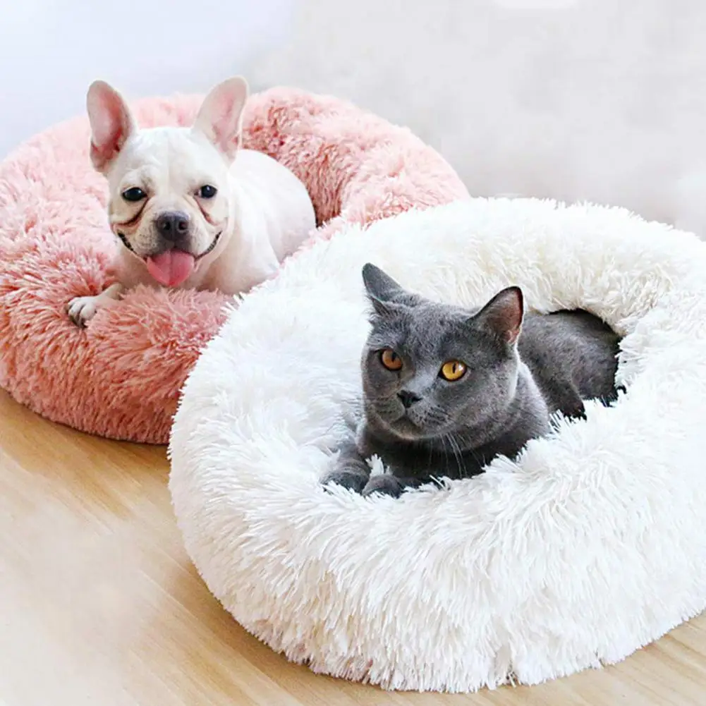 Cat Dog Mats Round Long Plush Cat Bed Dogs Plush Kennel Non-slip Bottom Pet Deep Sleeping Nest Soft Warm Kitten Cave Pet Tent