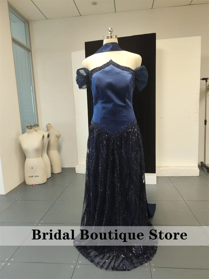 Perles élégantes Arabie Saoudite bleu marine robes de soirée perles cristaux robe de soirée de mariage فmaveraة robe de bal personnalisée