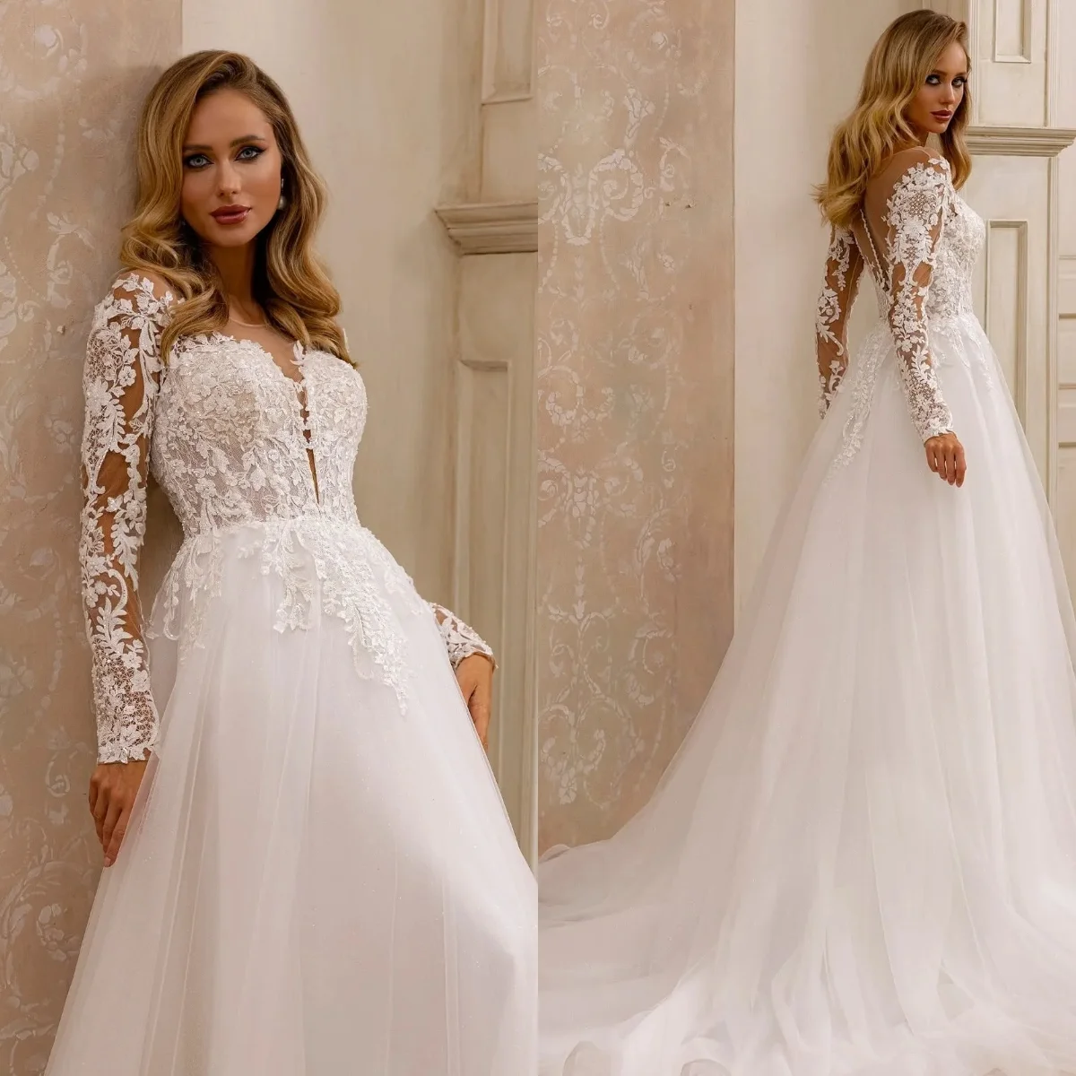 

Customized Long Sleeve Wedding Dress Tulle A Line Lace Appliqued Beach Bridal Gowns Simple Vestidos de Novia