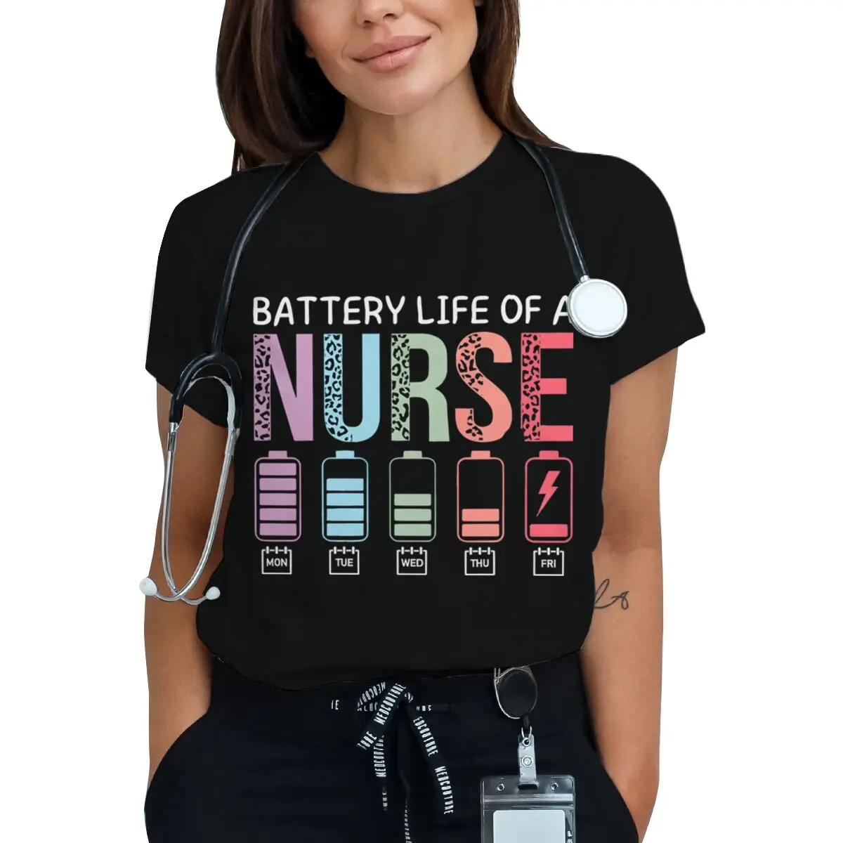 

"Battery Life Of A Nurse" Fun Print T Shirt For Women Casual Short Sleeve Nurse Streetwear Fashion Nurse Life Theme T-shirt Gift