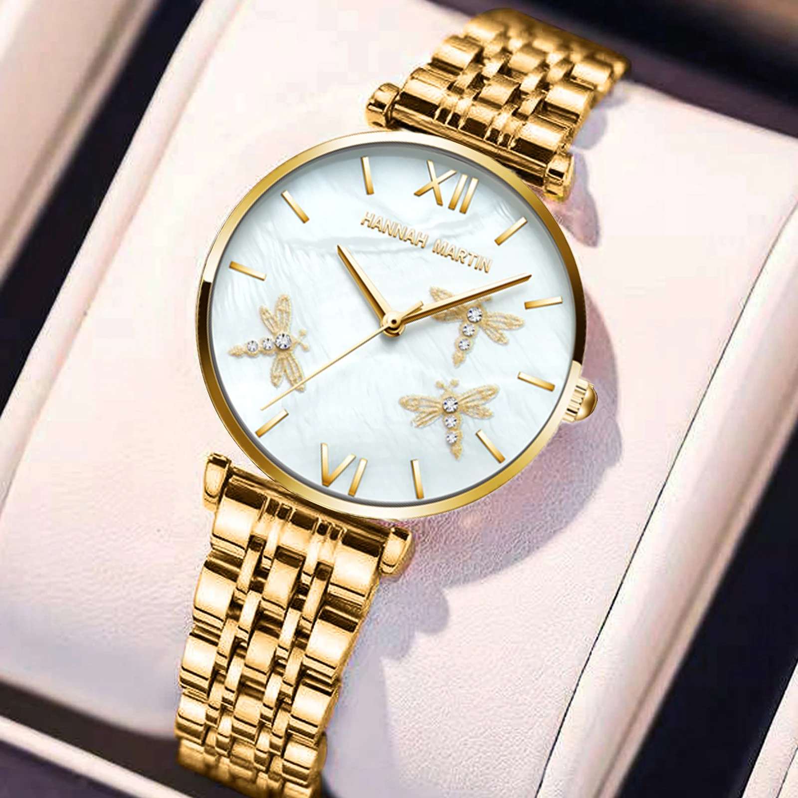 Orologi da donna alla moda di lusso 3ATM impermeabile 36mm quadrante 3D libellula in rilievo orologio con diamanti da donna movimento al quarzo originale casual