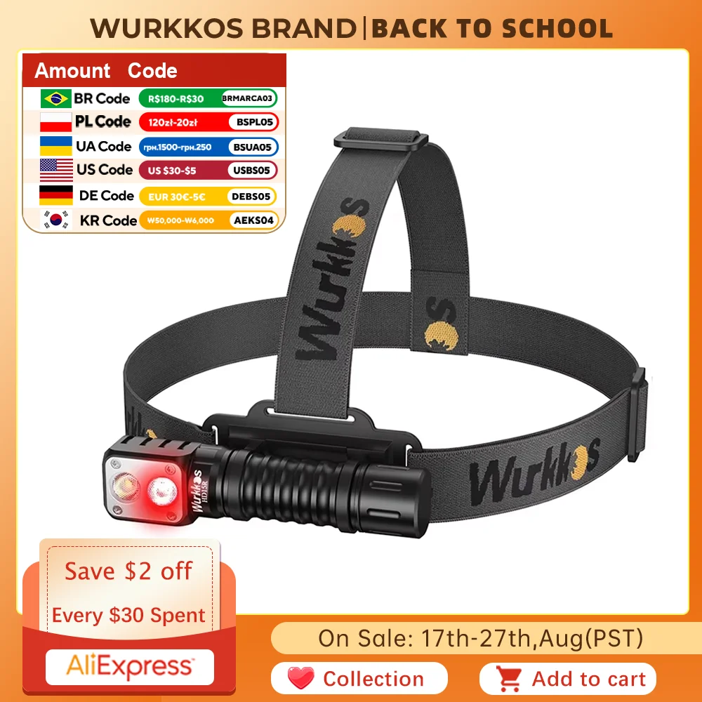 

Wurkkos HD15R 18650 Двойной светодиодный налобный фонарь с красным прожектором Перезаряжаемый фонарик 2000 лм с магнитным хвостом Кемпинговые фонари