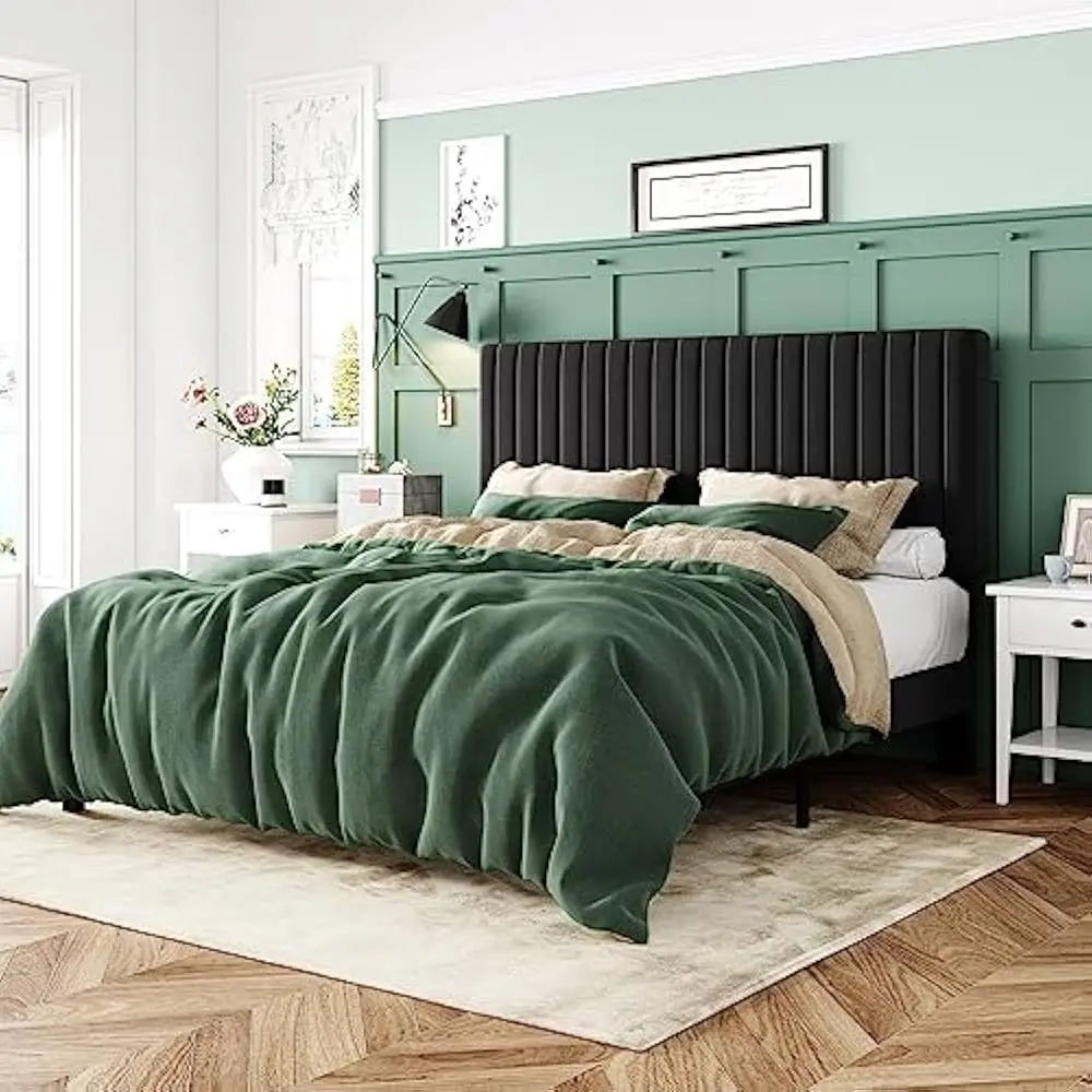 

Full Size Bed Frame w/Vertical Channel Tufted Headboard, Mattress Foundation with Strong Wooden Slats, Box Spring Optional