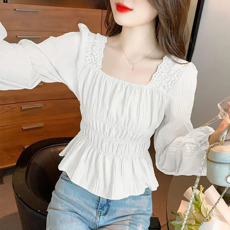 Women\'s Spring Fashion Solid Color Simplicity Pleated Square Collar Long Sleeve Shirts Women Clothes Elegant All-match Slim Tops