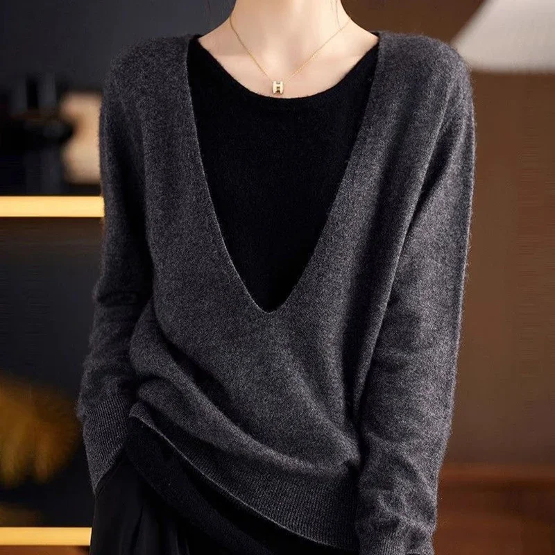 

Женская одежда с цветными блоками и v-образным вырезом, искусственный пуловер из двух предметов, свитер для женщин, весенне-осенний темпераментный элегантный вязаный топ