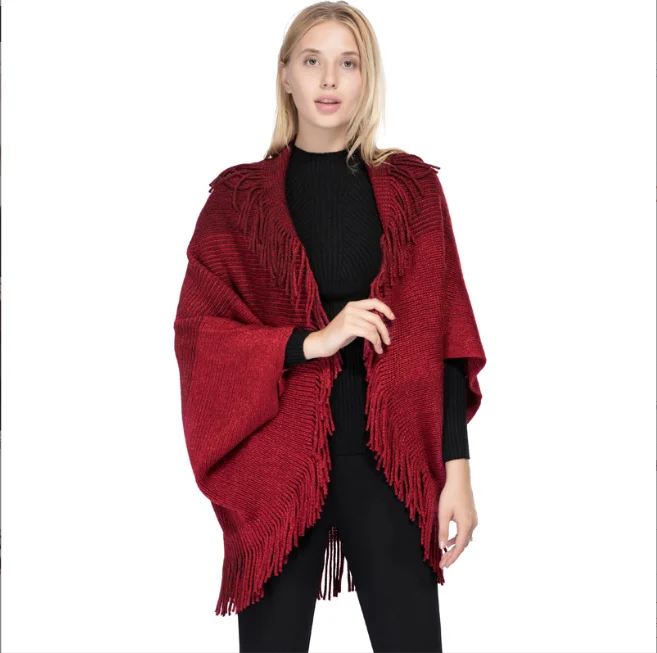Spring Autumn Women's Imitation Cashmere Colored Silk Shawl New Warm Tassel Cloak Lady Fashion Cardigan Coat Khaki