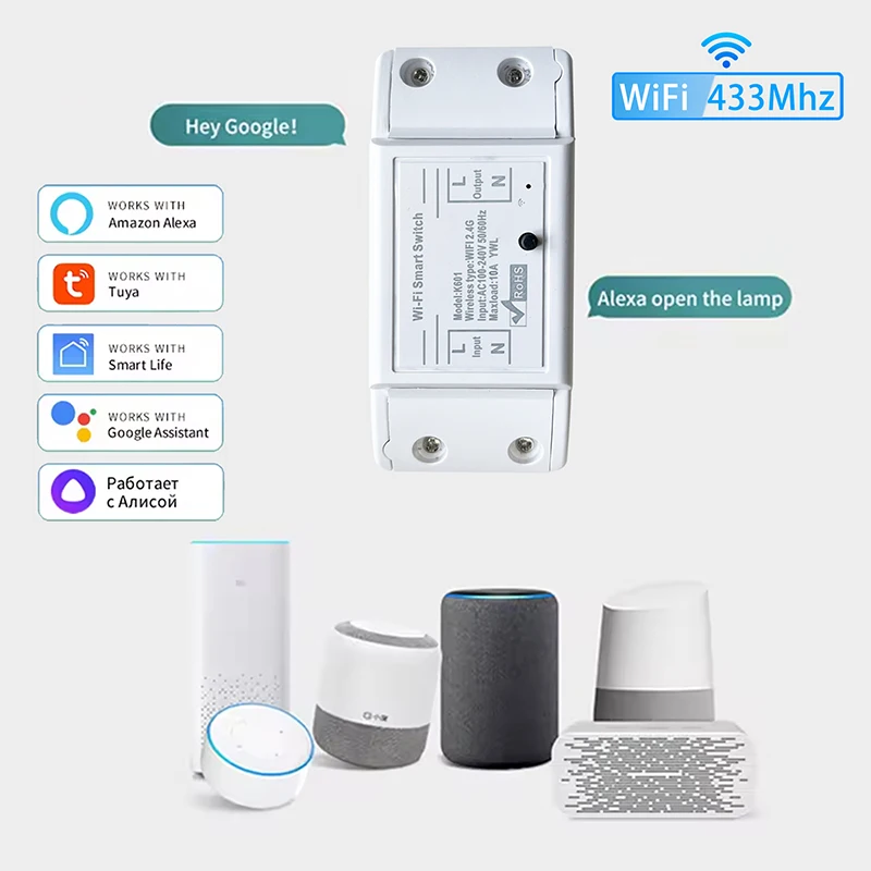 10A WIFI Switch Smart Home 433MHz Relay Module 1/2/3 Gang Wireless Wall Switch Mini Round Button Panel Switch Voice Control
