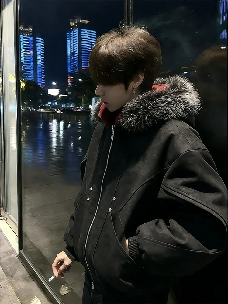 

Мужская зимняя куртка-косуха из искусственной кожи с узором под красный мрамор, утепленная, класса люкс, с принтом «Орел горный»