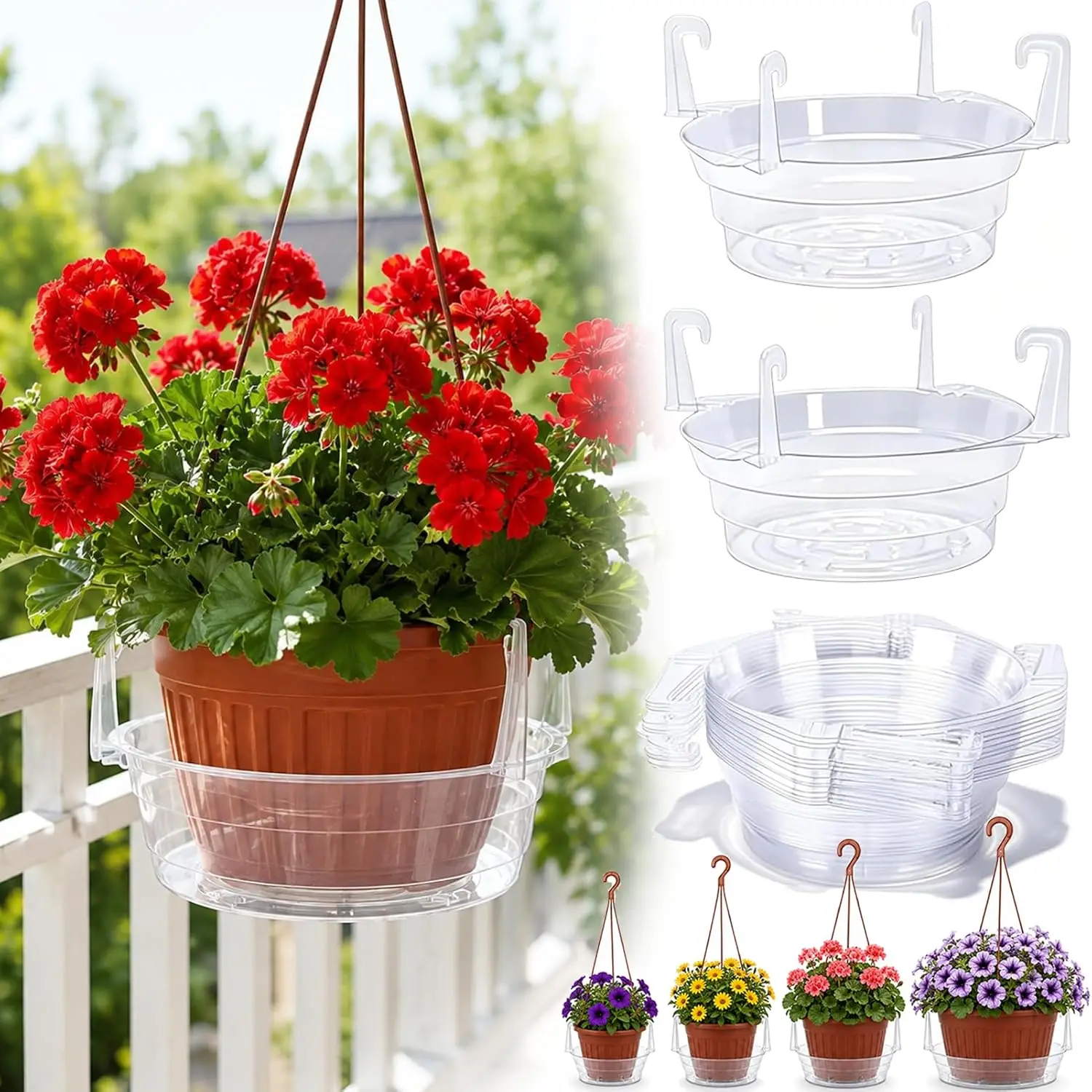 Hanging Basket Water Catcher, Hanging Basket Drip Pan with Hooks, Plastic Clear Hanging Basket Tray for Watering, Plastic Plant
