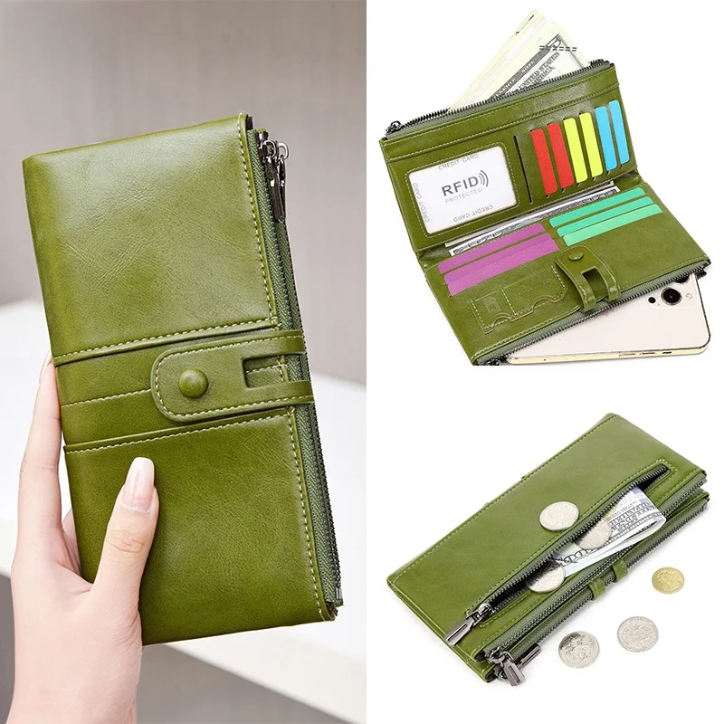 Cartera larga para mujer de cuero ence con doble cremallera, estilo retro, transfronterizo, RFID antirrobo, marca Infinite.