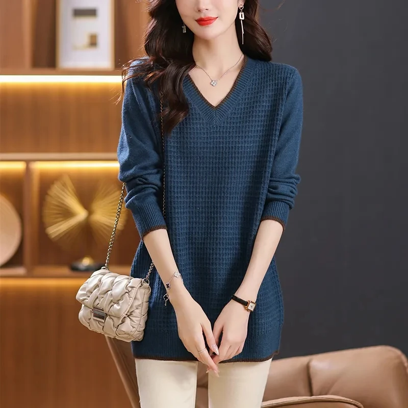 Womens Sweaters Spring Autumn V-neck Knitted Pullovers Loose Bottoming Shirt Cashmere Fashion Jumper Solid Pink Sweater