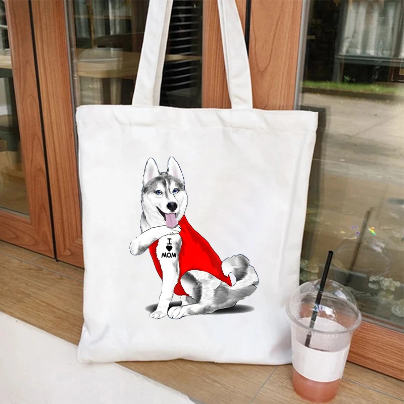 Funny Dog I Love Mom Print Shoulder Bags Women Canvas Tote Reusable Recycle Bag Eco Shopping Bags with Handbags Supermarket Bag