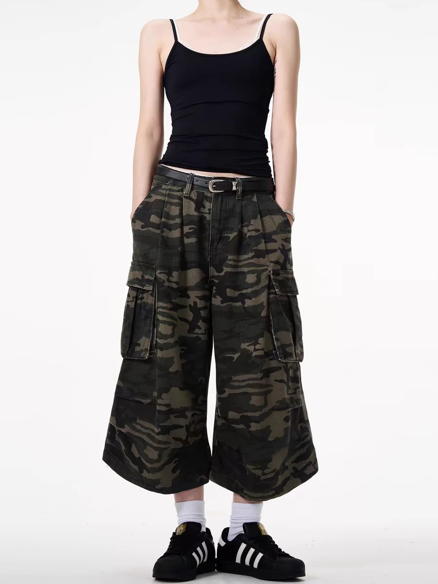 

American Sle Retro Camouflage Workwear orts Women's Straight Leg Mid-Length Summer Casual Loose Wide-Leg Seven-Foot Jeans