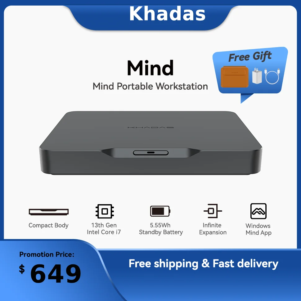 Khadas Mind 1 Mini-PC, Intel Core i7-1360P 5,0 GHz Micro-Desktop-Computer mit 5,55 Wh Standby-Akku, 32 GB + 1 TB WiFi 6E, BT5.3