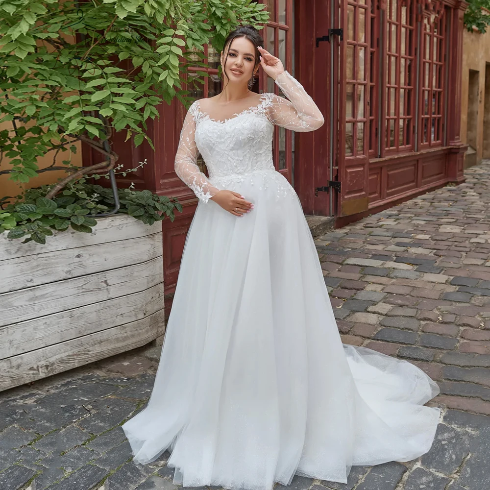 Vestidos De Novia elegantes De talla grande, Vestidos De Novia De manga larga con cuello redondo, apliques De lentejuelas, longitud hasta el suelo, línea A, tul