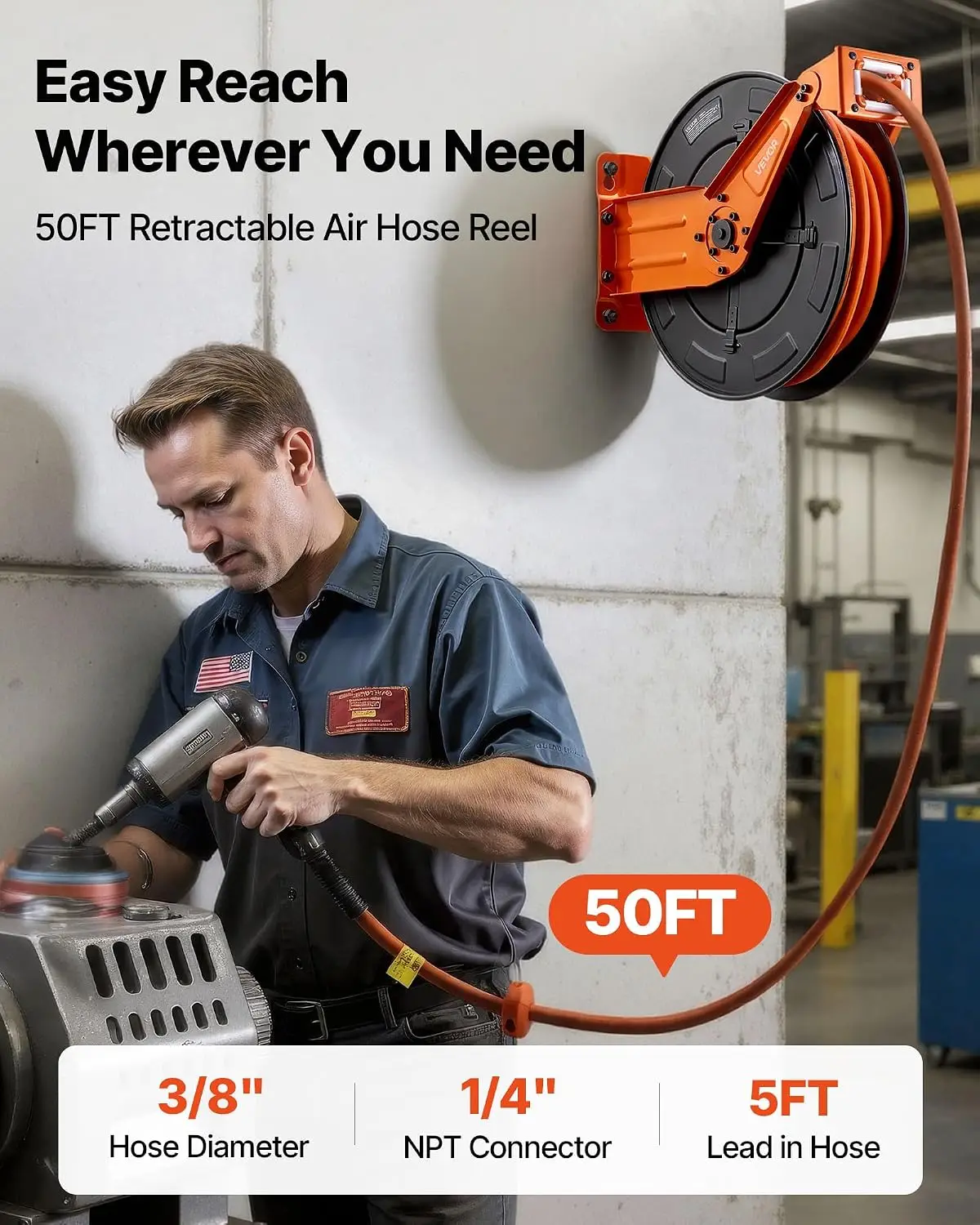 Retractable Air Hose Reel, 3/8 Inch x 50 FT Rubber Air Hose Max 300PSI, Auto Rewind Air-Compressor Hoses Reel with 5 ft Lead in,