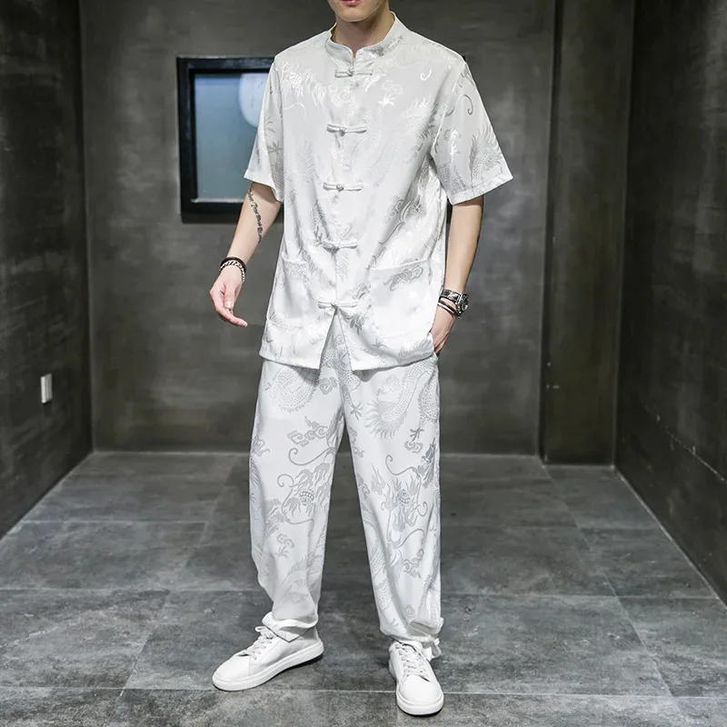 خمر زر الذكور تانغ دعوى السنة الجديدة الملابس التقليدية الصينية الرائعة التنين هانفو مجموعة الشرقية الكونغ فو قميص السراويل 5XL