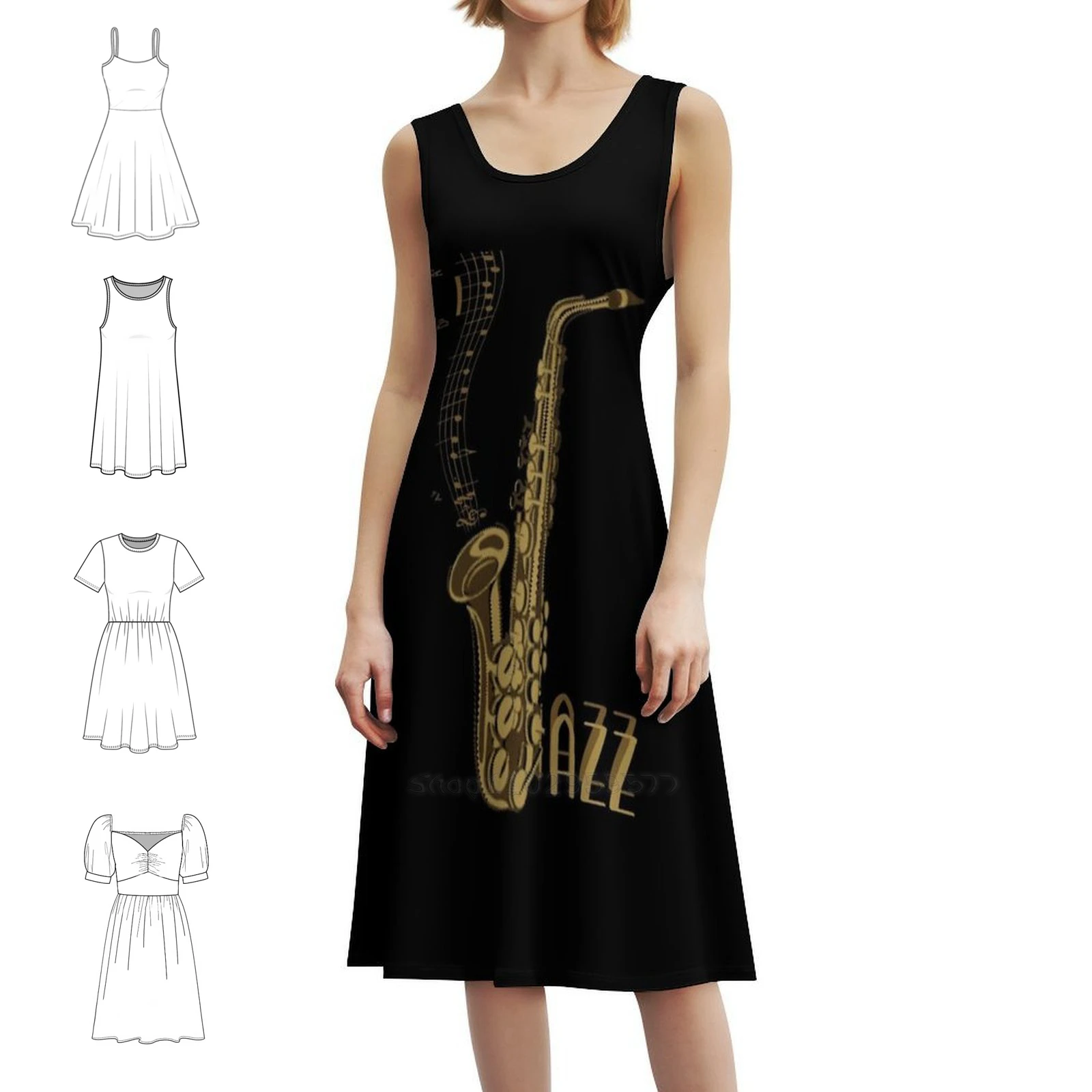 Jazz Music Gift For Jazz Lover Epic Sax Vintage Bohemian Dress Puff Sleeve Or Sleeveless Options For Women Dress Jazz Jazz