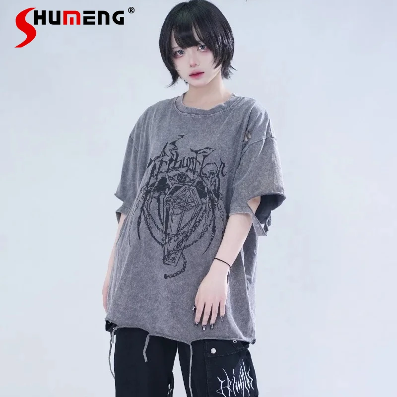 

Japanese New Original Washed Distressed T-shirt Unisex Graphic Tees Dark Academia Spring Summer Subculture Handsome Cool Tees