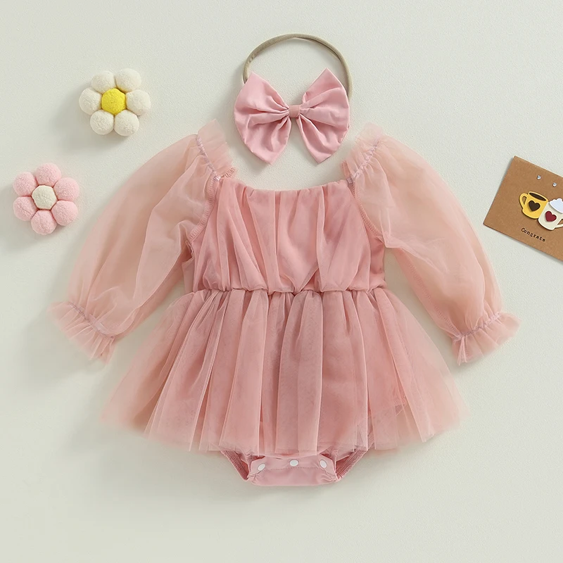 Lioraitiin 0-24M Newborn Baby Girl Romper Princess Infant Toddler Long Sleeve Tulle Jumpsuit + Bow Headband Fall Spring Outfits