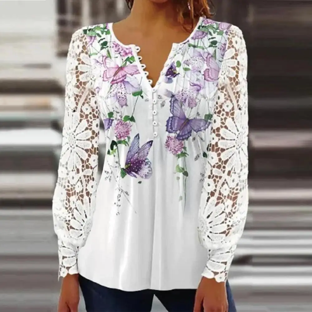 

Temperament Loose Shirt Ladies Summer Shirt V-neck Floral Print Lace Stitching Hollow Out See-through T-shirt Women Clothing