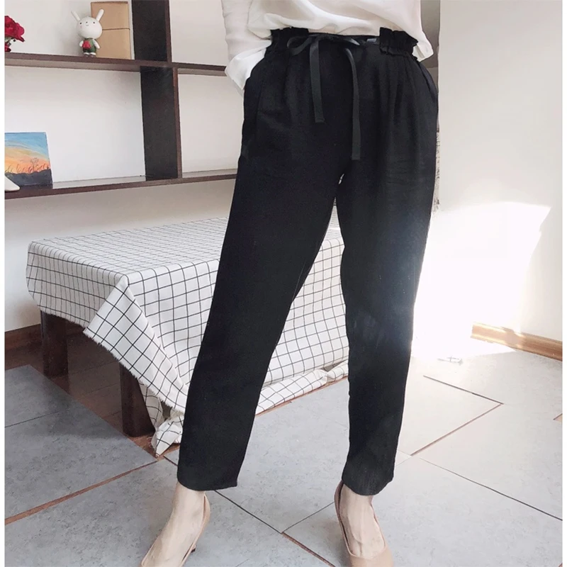 Women's 100% Pure Silk Belted Waist Long Pants Trousers with pockets Black Color M0609