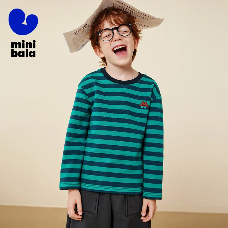 تي شيرت صغير بالا للأطفال بأكمام طويلة 2025 شتاء جديد ماص للرطوبة مبطن بالصوف قميص حراري مخطط