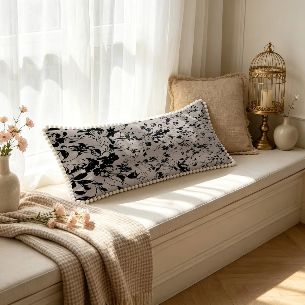 1PC Grey Purple Background with Black Line Art Floral Branches, Modern Minimalist Line Art Floral Long Pillow Cover with Pom P
