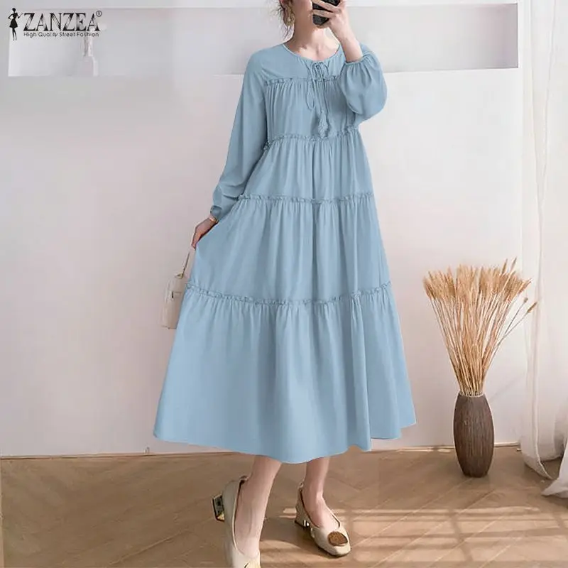 ZANZEA-vestido camisero largo para mujer, vestido veraniego liso con volantes de manga larga, moda de retazos con cuello redondo, Vestidos de fiesta, bata de gran tamaño 2026