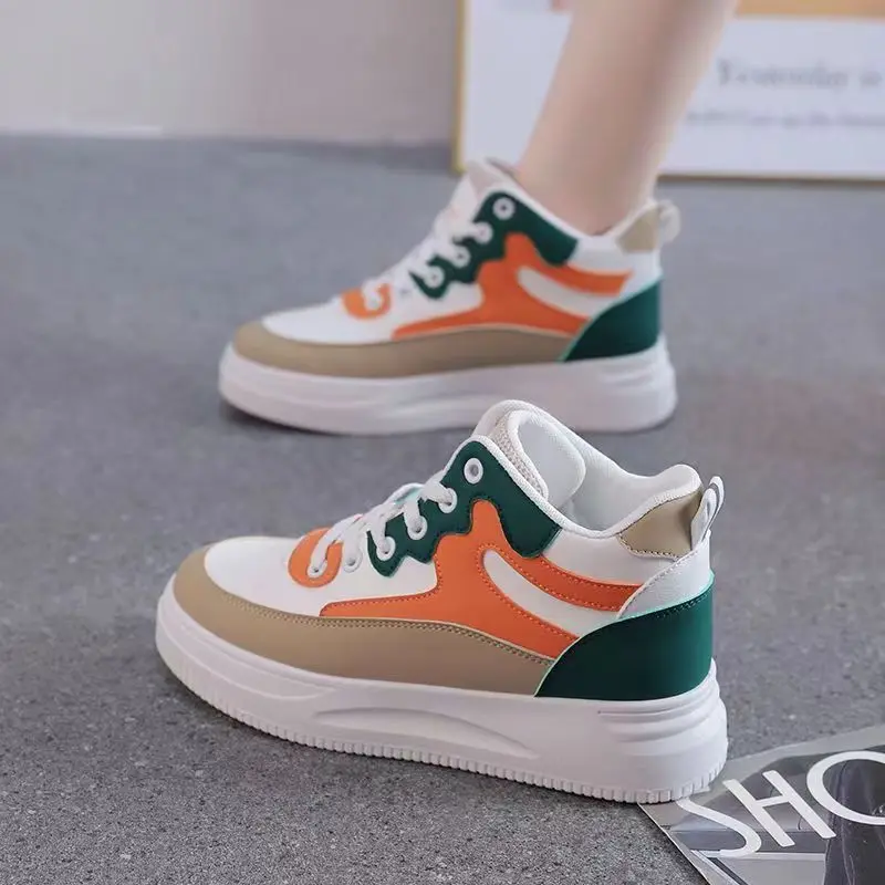 Fashionable color blocking high top sports shoes for women 2024 new comfortable thick sole single shoes for women's shoes image 5