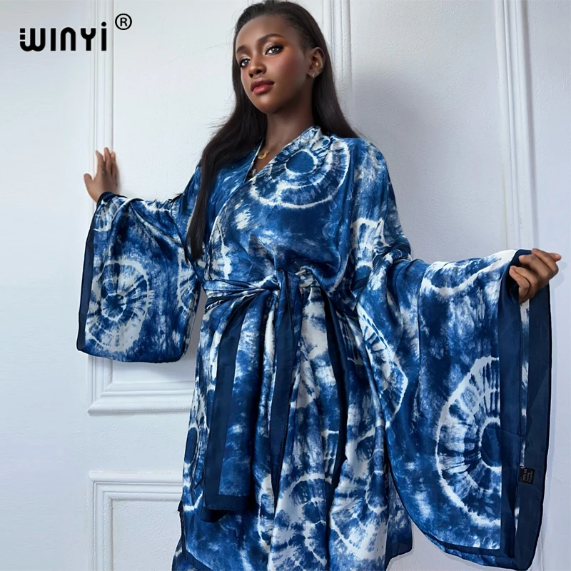 WINYI print kimono with belt african boho dress beach wear Elegant Cardigan sexy Holiday beach outfits for women beach cover up