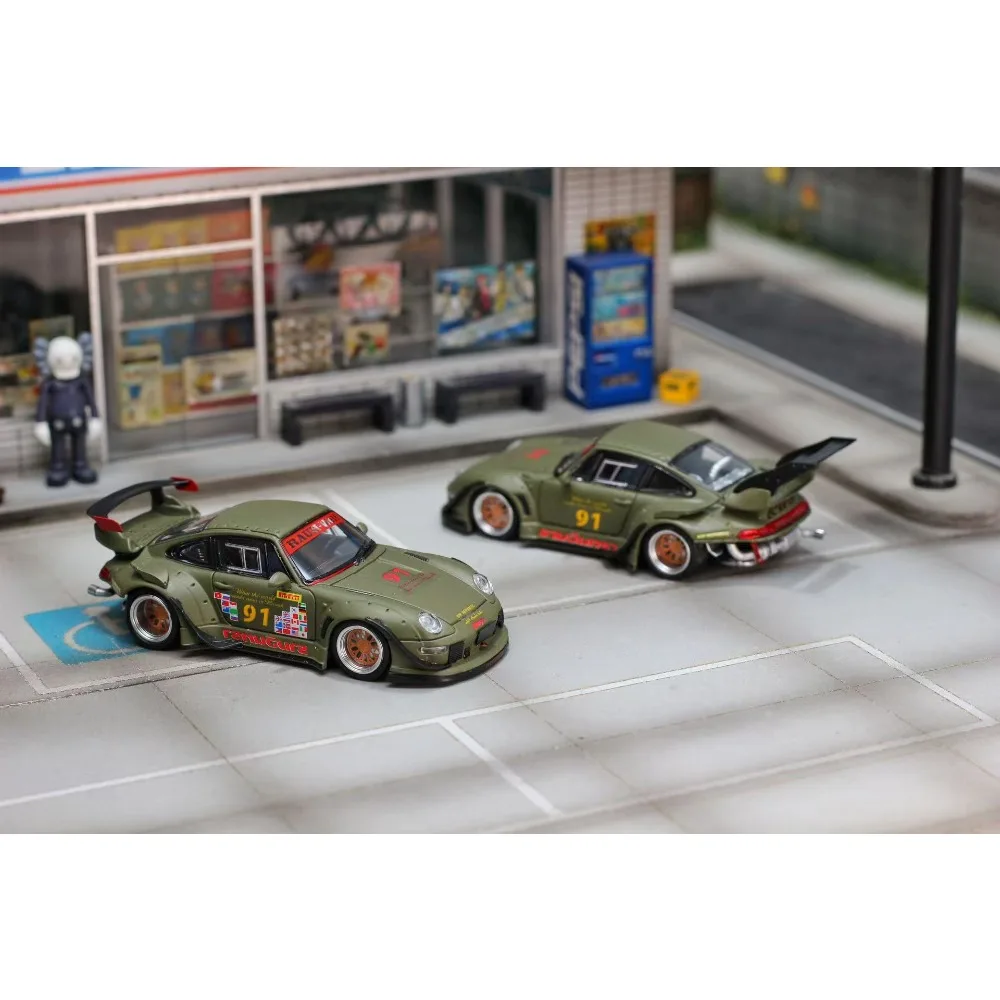 

SW 1/64 Porsche RWB 993 Diecast Model Matte Green No. 91 Painted Low High Tail Collectible Toys