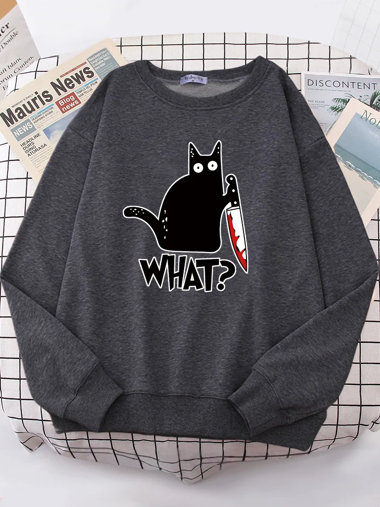 Kitchen Knife Black Cat Wha? Women Sweatshirt Harajuku Casual Hoody Fashion Loose Hoodie Soft Warm vintage Fleece Female Tops