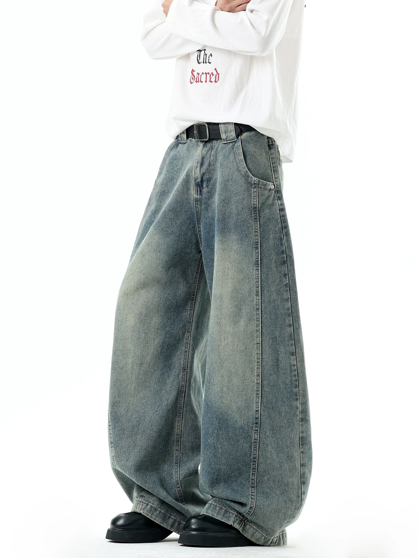 

Boyue American High Street Deconstructed Hip Hop Wide Leg Jeans Waed Vintage Cool Men's Floor Length Pants Casual Sle