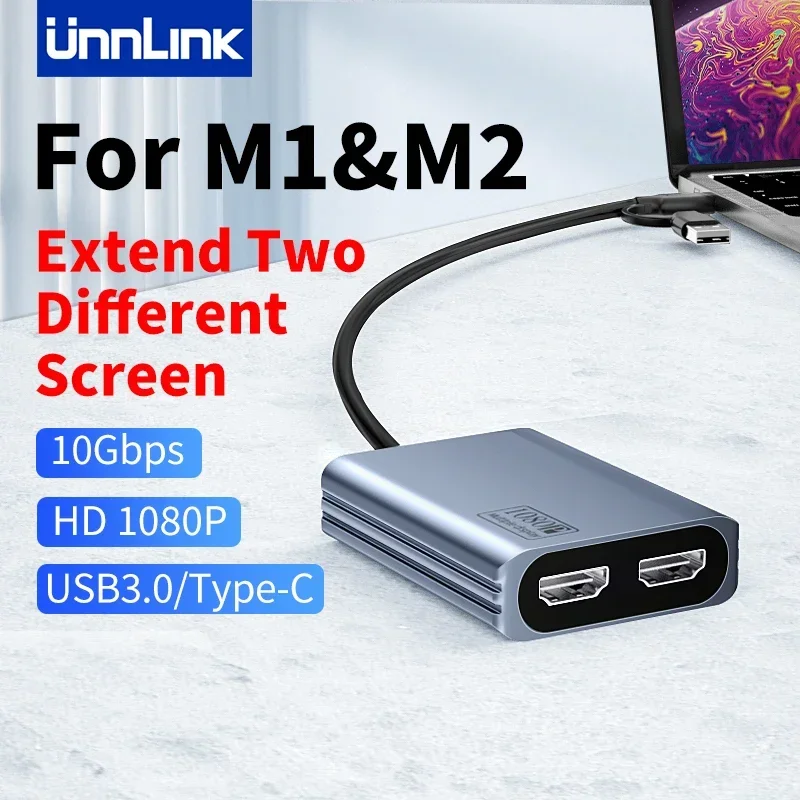 언링크 C타입 USB 3.0-듀얼 HDMI 익스텐션 허브 어댑터, 맥북 M1 M2 컨버터용, 2 가지 화면 확장, 1080P, 60Hz