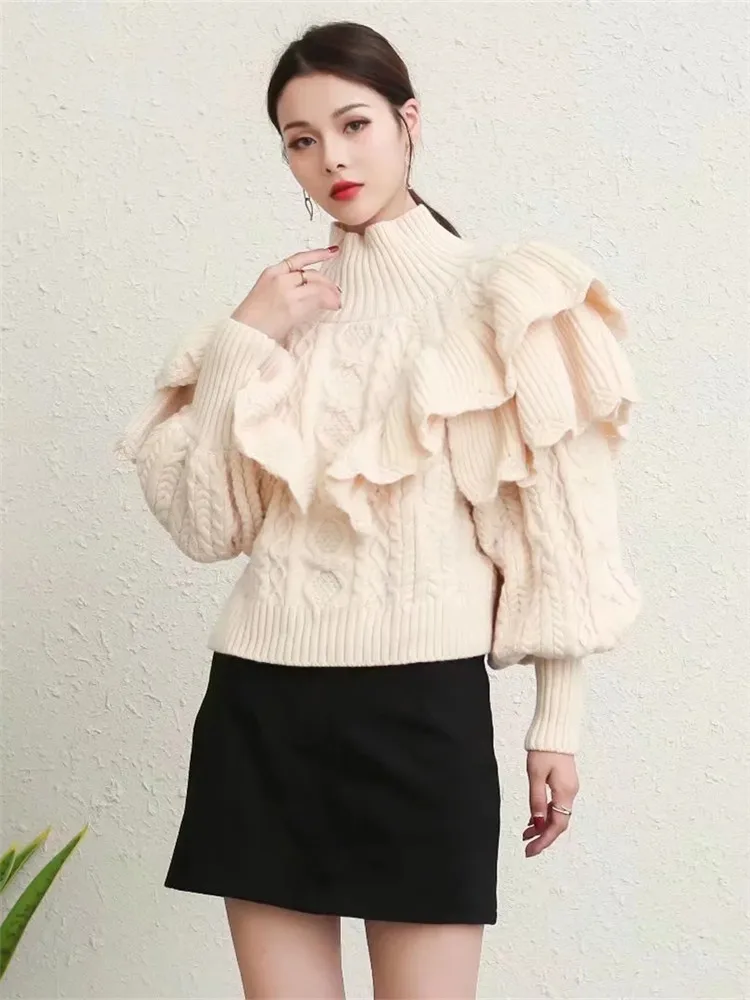 KEYANKETIAN Winter New Women Layered Ruffle Trim Thick Sweater Pullover Sweet Lantern Sleeve Mock Neck Apricot Knitted Crop Top