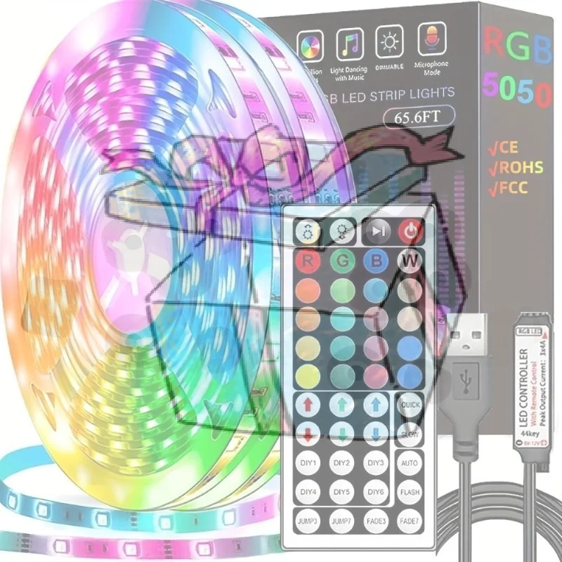 【CCA】RGB 5050 LED Strip Lights 1m With Remote Control Music Sync For Bedroom Party Gaming Home Decor
