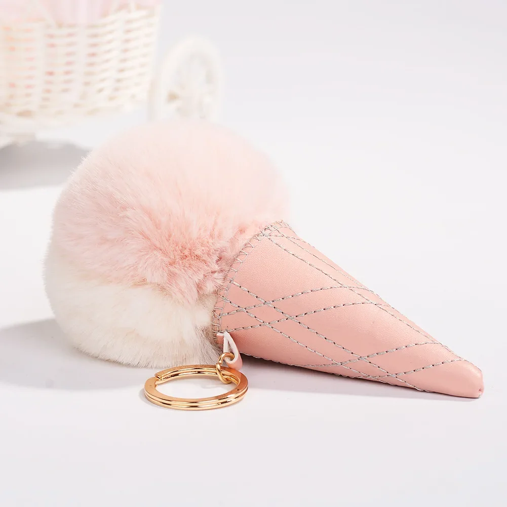 Pink Ice Cream Cone Imitation Leather Plush Keychain Unique Design Cute Keyrings Jewelry Women Bag Pendant Charms Accessories