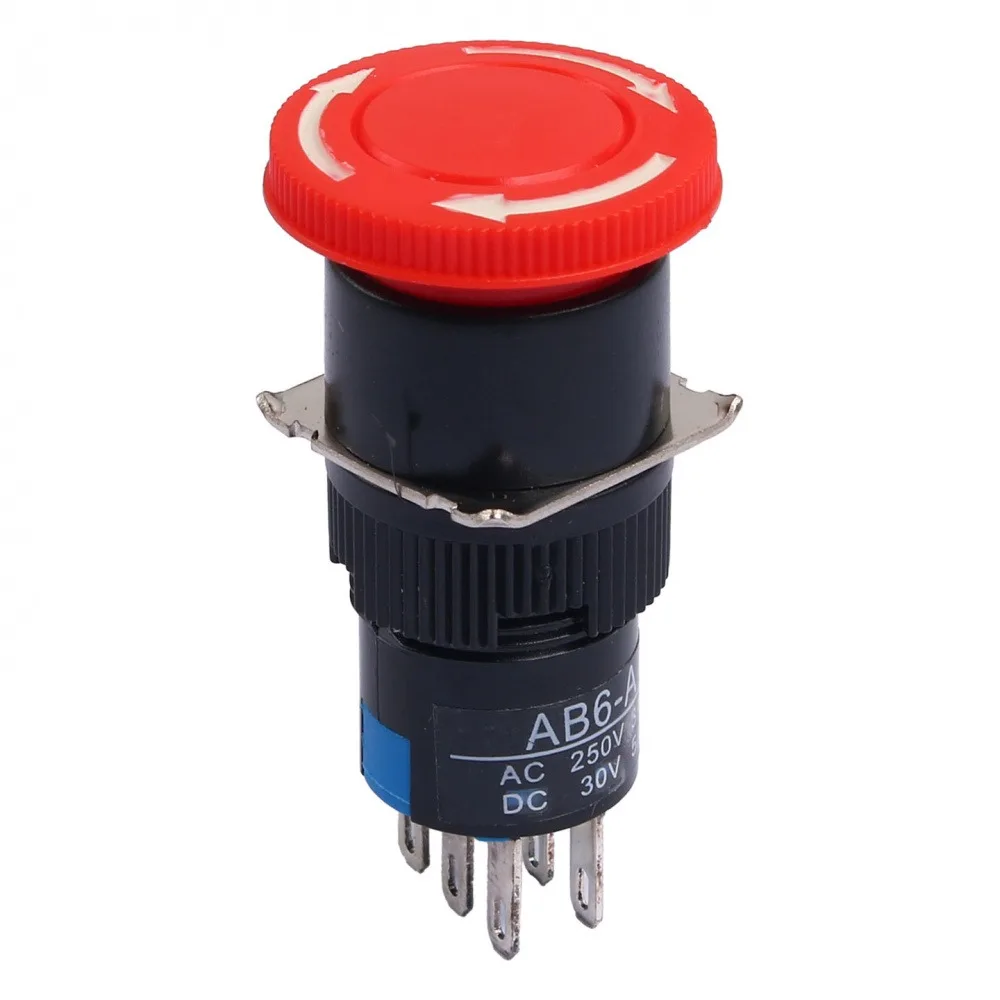 16 مللي متر إيقاف الطوارئ الذاتي قفل زر التبديل دون ضوء سميكة الفضة مطلي 6Pin 2NO/2NC 250 فولت 5A لهب التبديل #6