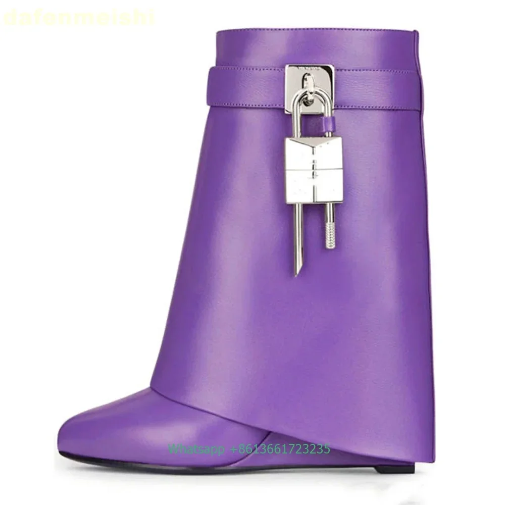 Classic Style Metal Lock Shark Boots Fiber Leather/cowhide Solid Color Fashion Women Mid-Calf Boots Platform Wedges Trend Shoes