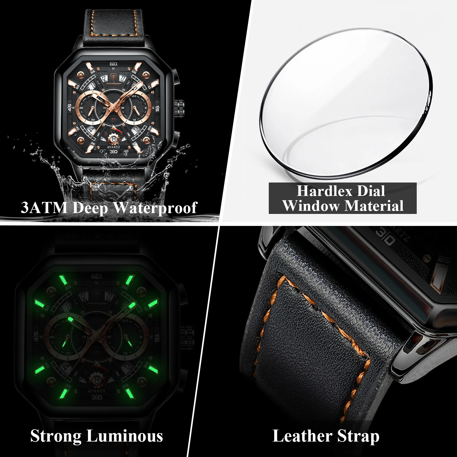 POEDAGAR Luxury Chronograph Square Man Watch Waterproof Luminous Date Men Watch Sports Leather Men\'s Watches Quartz Reloj Hombre