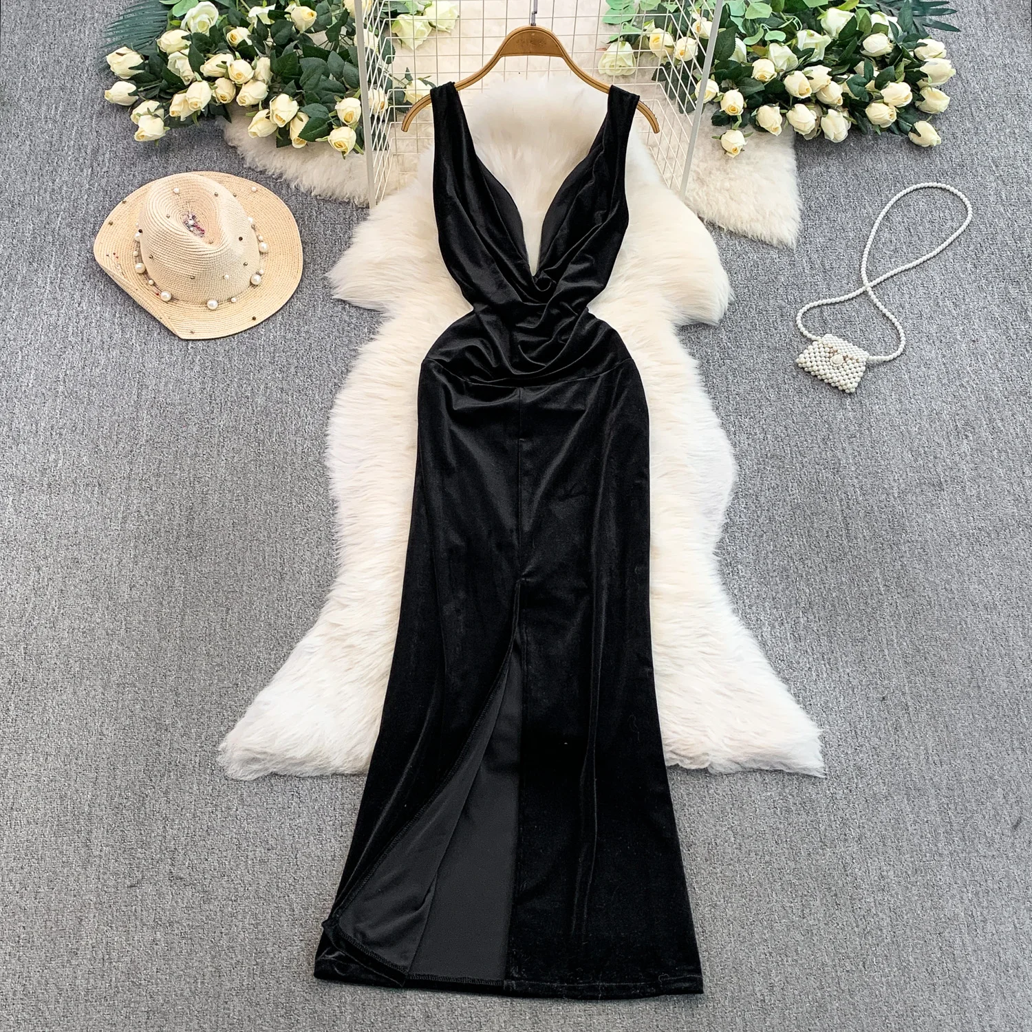 chic Elegante senza maniche con spalle scoperte abito in rete di velluto moda coreana prendisole abbigliamento donna