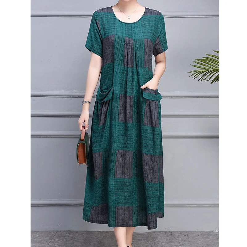 Women Striped Plaid Print Vintage Boho Oversized Cotton Linen Dresses Summer Casual Short Sleeve Pocket Holiday Beach Midi Dress