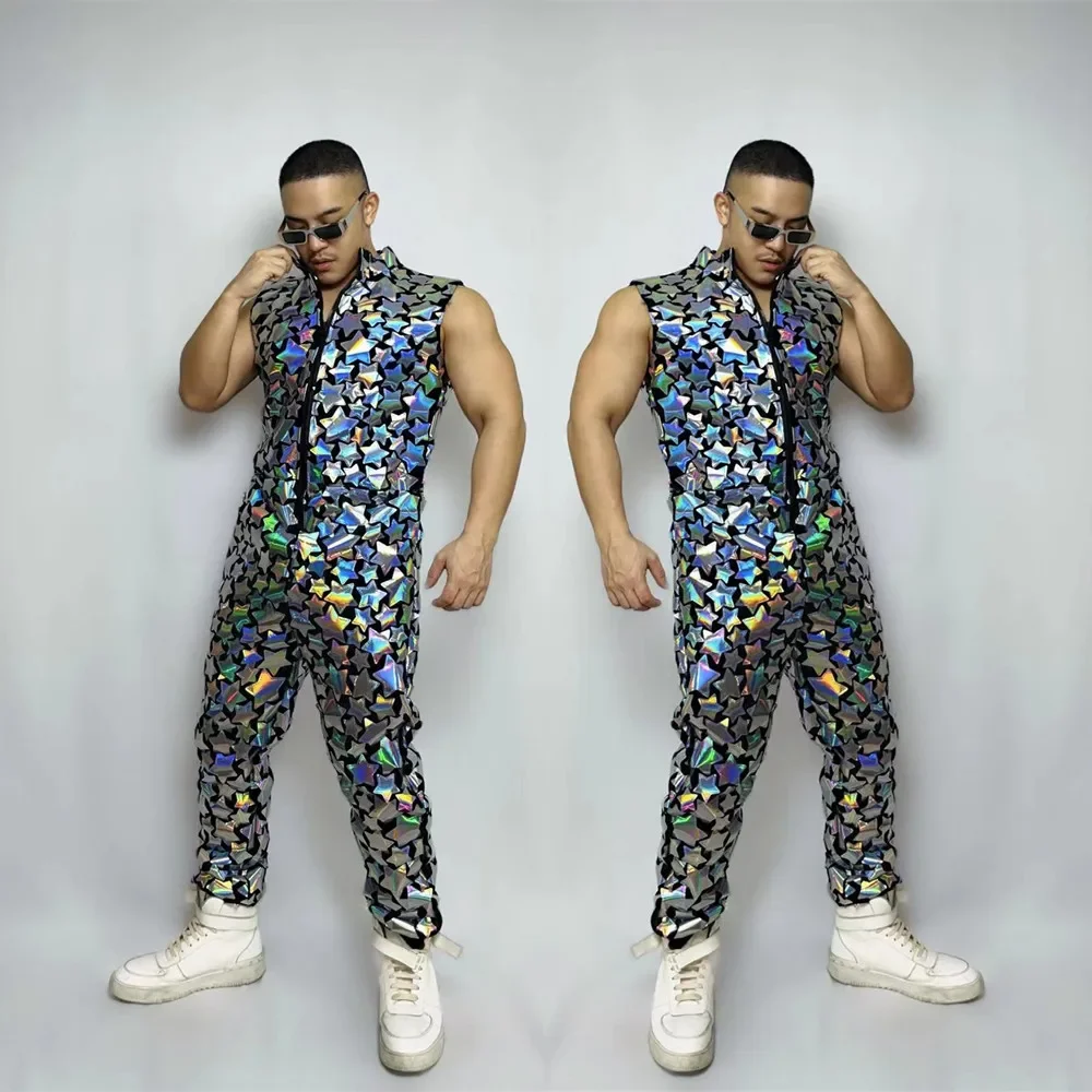 반사 레이저 스팽글 민소매 점프수트 미러 오버올 남성 가수 바 나이트클럽 힙합 댄스 의상 섹시 DJ 무대 의상